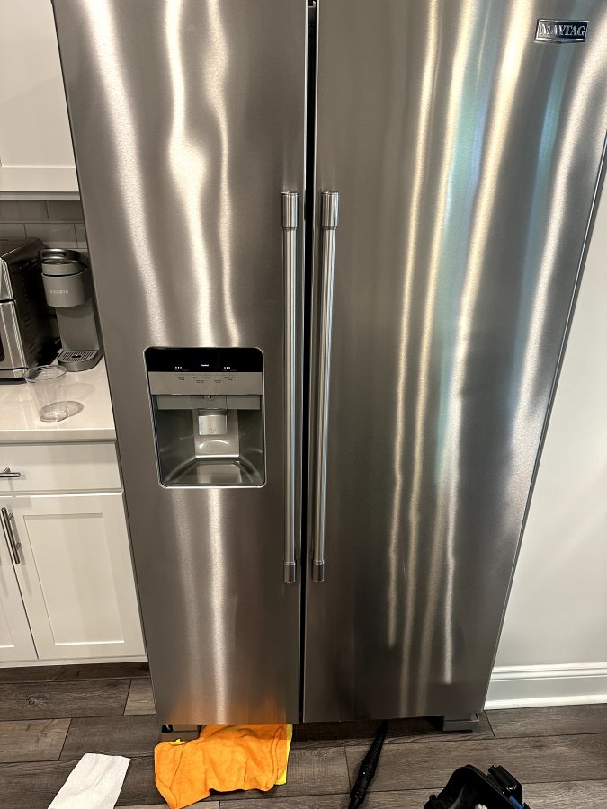 Maytag Refrigerator Leaking from Dispenser — Frozen Ice Maker Line Fixed in Raleigh
